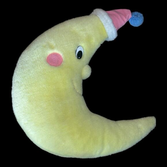 Vintage Anthropomorphic Crescent Moon Plush 18" Yellow Pink Cap 80-90s Toy Decor - Picture 1 of 4